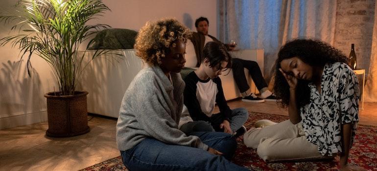 Unhappy family in their living room.